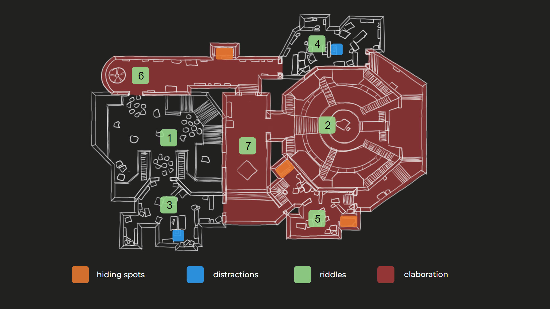 Floorplan with riddles and hiding spaces