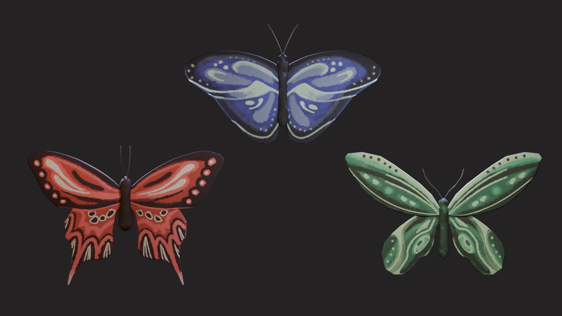 Three different handpainted Butterflies in form, color and size.