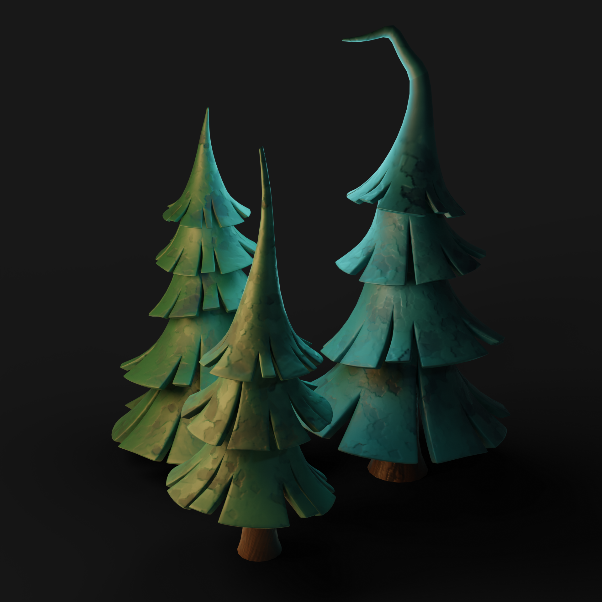 Three stylized pine trees with tops like witchhats